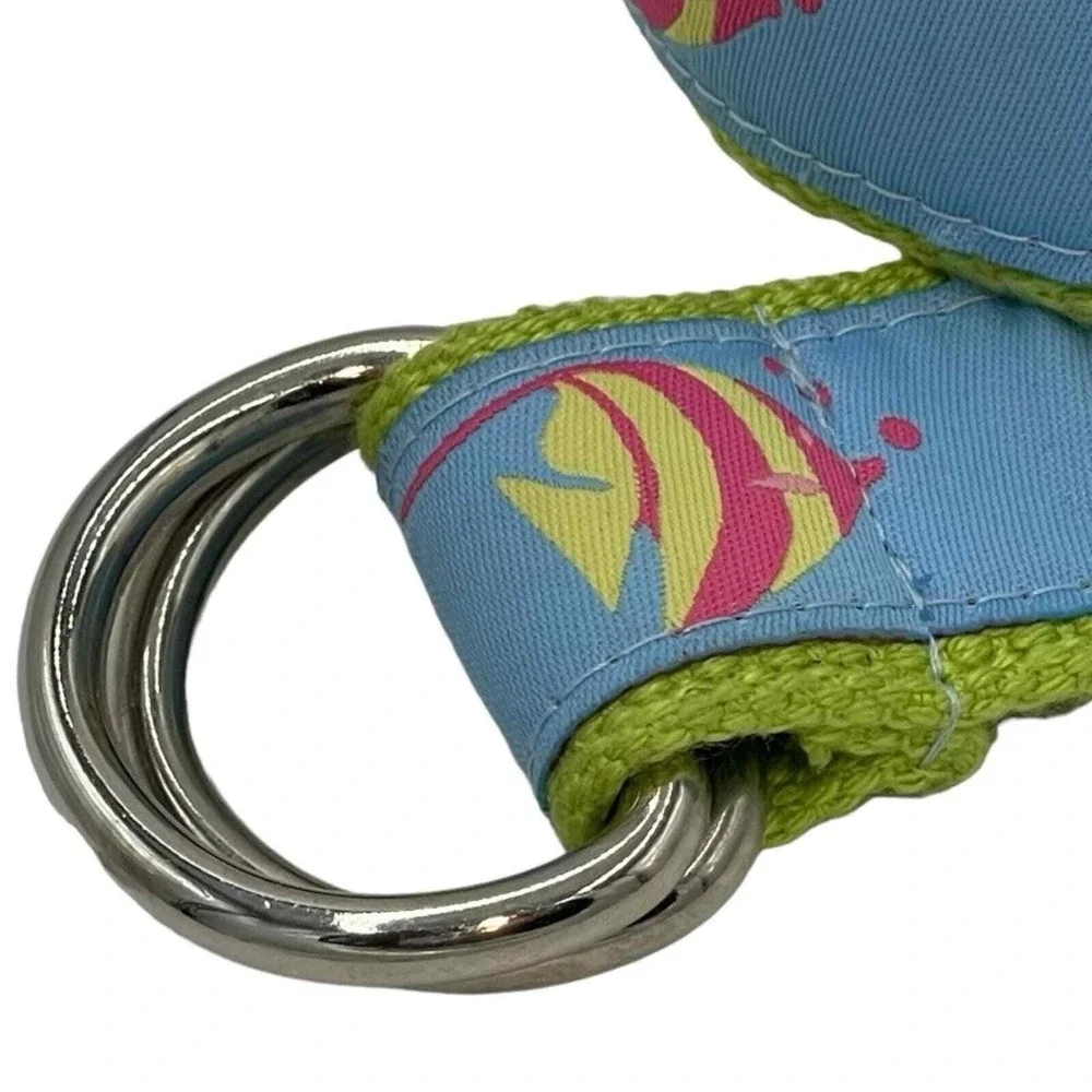 Unisex Green & Blue Fish Print Adjustable Cotton D Ring Belt 41.5